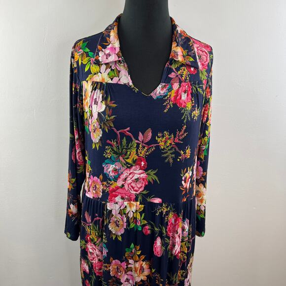 NWT Tolani Collection Blue Multi Floral Knit Collared Tiered Ruffle Maxi Dress M - Picture 2 of 9